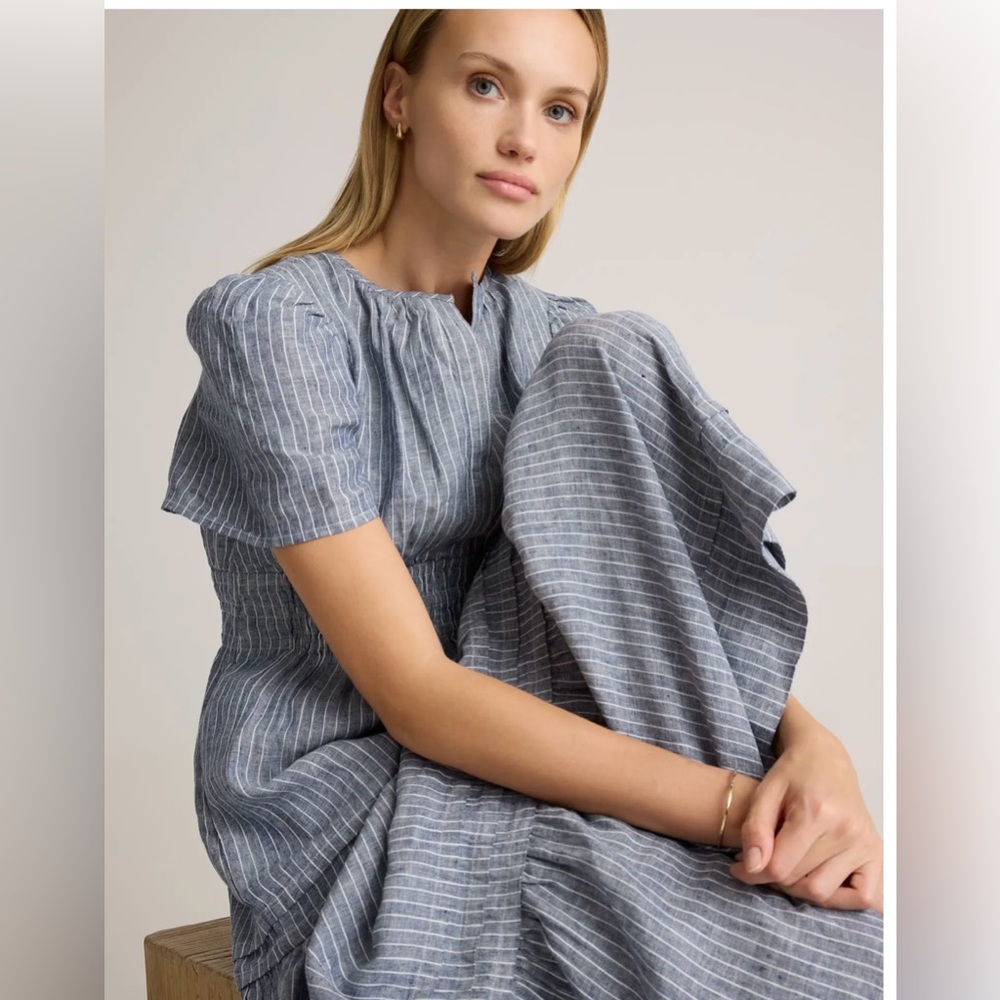 Quince European Linen Chambray Blue Striped Tiered Maxi Dress - Picture 7 of 12